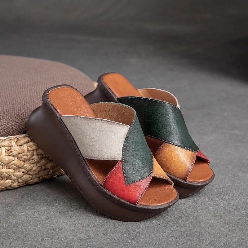 Johnature Женские тапочки на танкетке с открытым носком в стиле ретро, ​​шлепанцы из натуральной кожи на толстой подошве, модная обувь на платформе