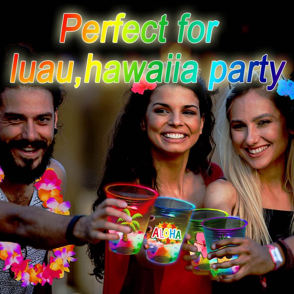 mishunyus 24 Pcs Glow Hawaiian Luau Party Cups, Flashing Tiki Party Cups, Tropical Luau Party Decorations Hawaiian Party Supplies Favor (16oz)