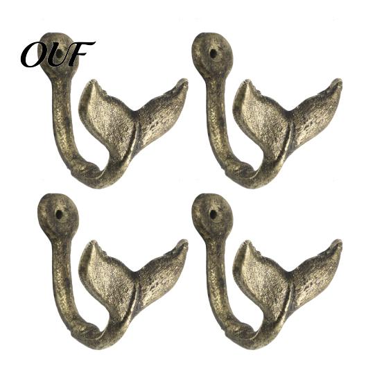 Nautical Home Accessories 4PCS Iron Whale Tail Wall Hooks, Space Saving Coastal Towel Kitchen Apron Hook Hangers, Decorative Mounted Hooks for Towels