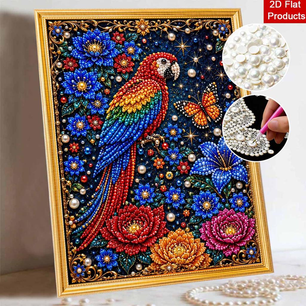 DIY Pearl and Diamond Painting Kit. suitable for beginners. vibrant parrot and floral wall decor. handmade gift.