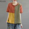 Women Casual Round Neck Short Sleeve Contrast Color Loose Blouse