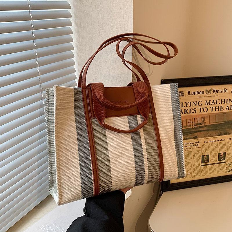 Canvas Bag Female Tote Bag Large Capacity Spring and Summer New Versatile Contrasting Color Shoulder Class Commuter Bag
