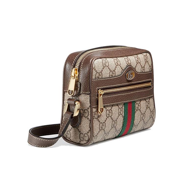 Gucci Ophidia Retro Presbyopia Logo Striped Webbing Canvas and Leather Camera Bag Crossbody Shoulder Bag Mini Unisex Couple Style Beige and Ebony