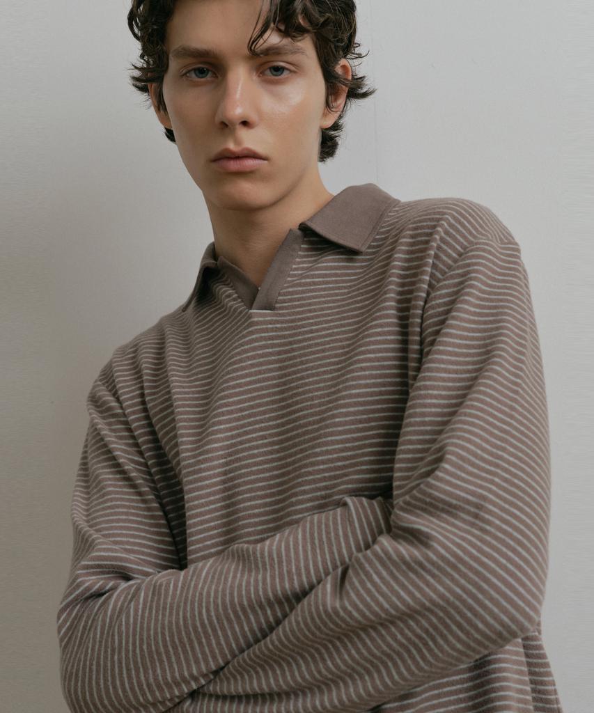 DUSTYWHITE Gray Boucle Striped Textured Collar T Shirt