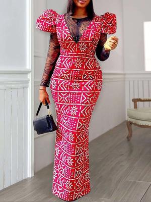 Длинные вечерние платья с принтом для женщин, красные, черные, кружевные, пэчворк, с круглым вырезом, прозрачные, винтажные, элегантные, праздничные, вечерние, ретро