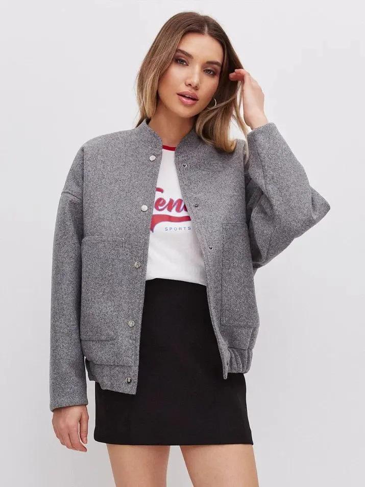 Grey Wool Blend Short Jacket for Women Casual Sports Style