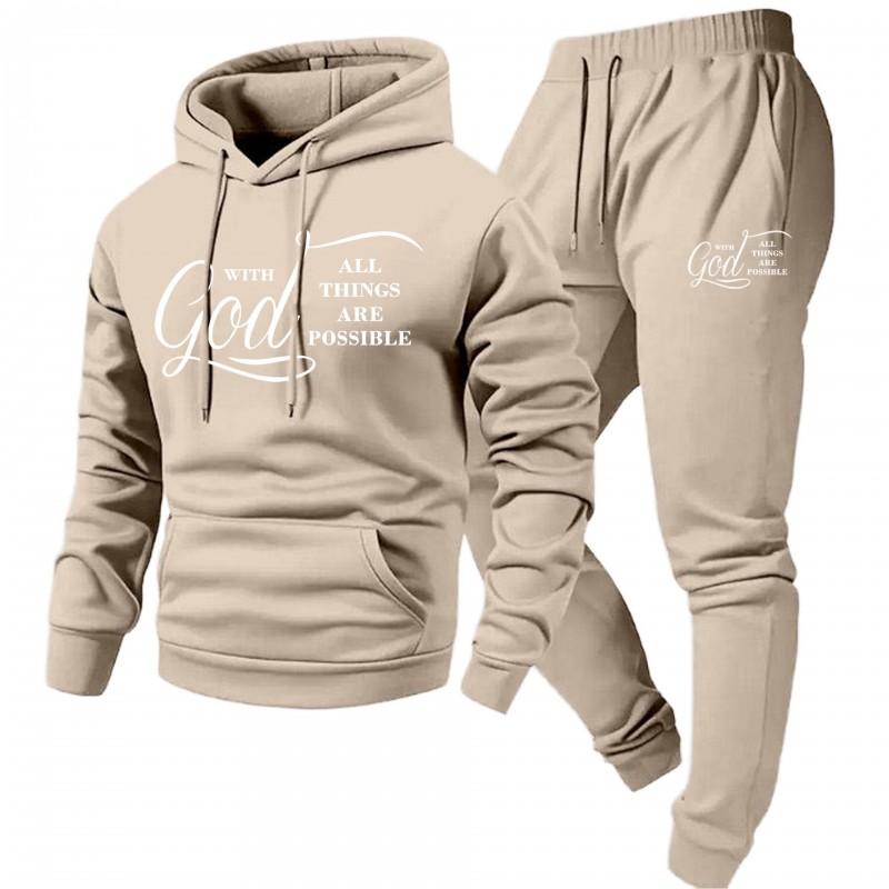 Mens Hooded Letter Print Sweatshirt Jogger Pants Set Fall Casual Two-Piece Outfit