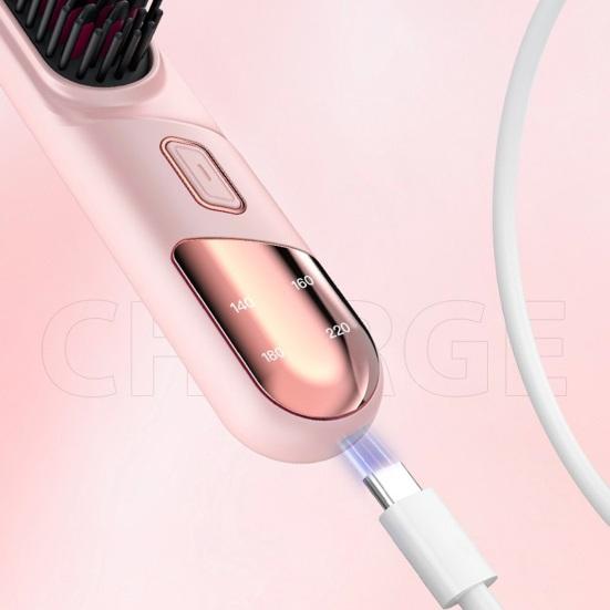 Hair Straightener Brush 4 Temperatures Fast Heating USB Rechargeable Cordless Negative Ions Hot Brush Electric Fluffy Curly Hair Styling Detangling
