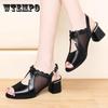 Soft Leather Fish Mouth Sandals Mesh Summer Mid-heel Comfortable Sandals Women's Soft-soled Work Shoes High-heeled Sandals