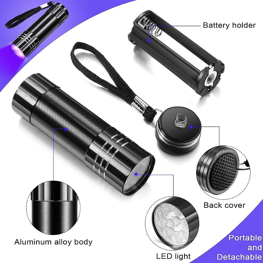 UV Flashlight Ultraviolet Lamp 395nm Black Flashlights Multi-functional 9 LED UV Light Detector for Pet Dog Cat Urine Stains