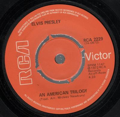 7-дюймовая пластинка ELVIS PRESLEY - Американская трилогия RCA2229 RCA Victor 1972 Великобритания Рок Б/У