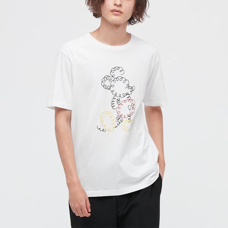 Uniqlo Хлопковая футболка с принтом Микки Мауса, круглый вырез, унисекс, белая 447175-00
