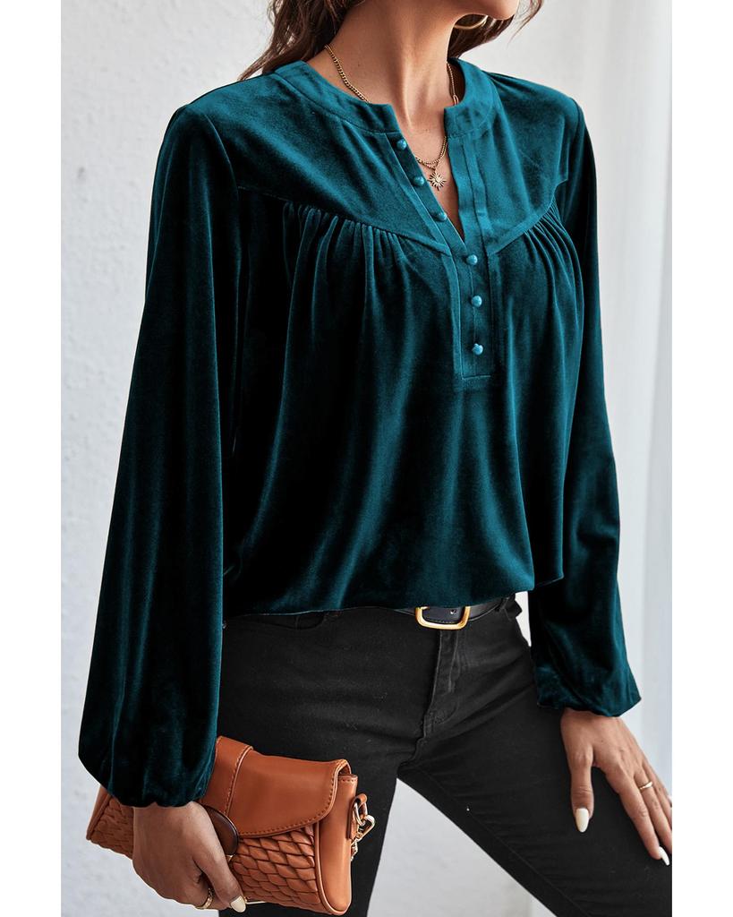 Azura Exchange Skobeloff Lantern Sleeve Beaded Split V Neck Velvet Top