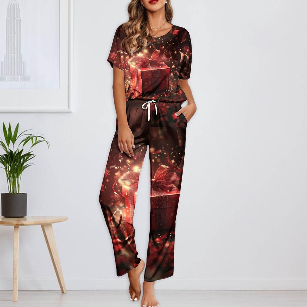 Женский шелковый атласный пижамный комплект с рождественским принтом, рубашка с коротким рукавом и длинные пижамные штаны, мягкая домашняя одежда