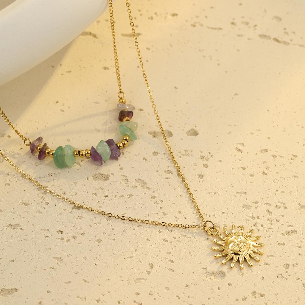 GEMCHIC Women's Natural Stone Beaded Necklace Stainless Steel Sun Pendant Dainty Layered Vacation Necklace