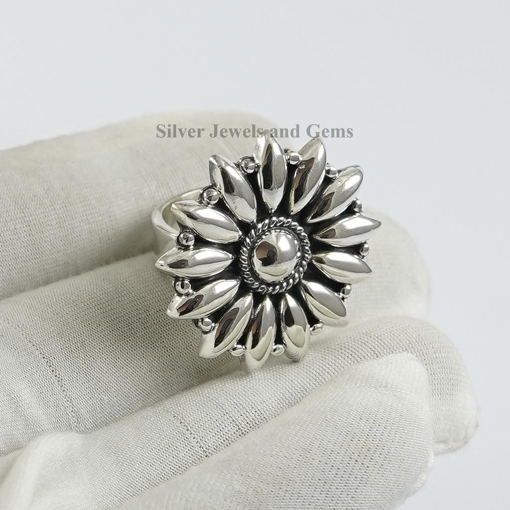 925 Sterling Silver Puffed Flower Ring: Handmade Adjustable Boho Statement Ring