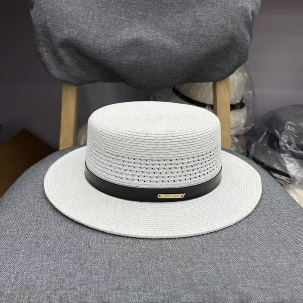 Taiwan straw weaving summer new French hollow flat top straw hat unisex sunshade sunscreen vacation breathable top hat