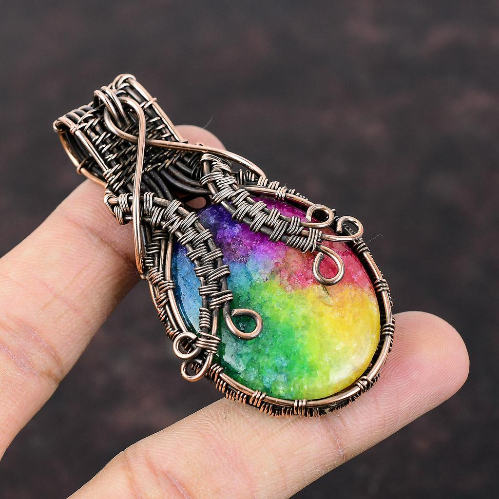 Радужный солнечный кварцевый кулон с друзами, кулон в медной проволоке, медные украшения, кулон ручной работы, подарок на помолвку, ювелирные изделия из драгоценных камней, завернутые в проволоку