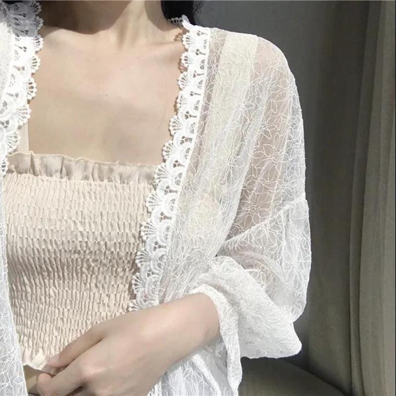 Женская шифоновая накидка большого размера, летний кардиган с длинными рукавами, модная ретро-полая солнцезащитная рубашка, тонкая куртка средней длины, кружевные топы