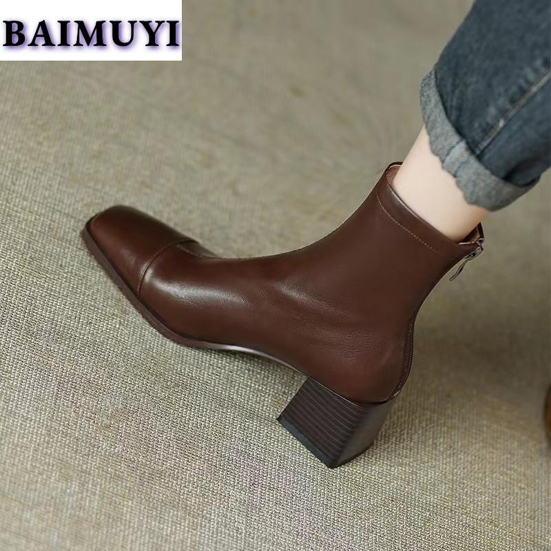 Модные женские ботильоны с квадратным носком на высоком каблуке, меховые зимние ботинки, короткие, плюшевые, 2024, трендовые, челси, ретро, мягкая кожа, осенние, готические, Botas Mujer