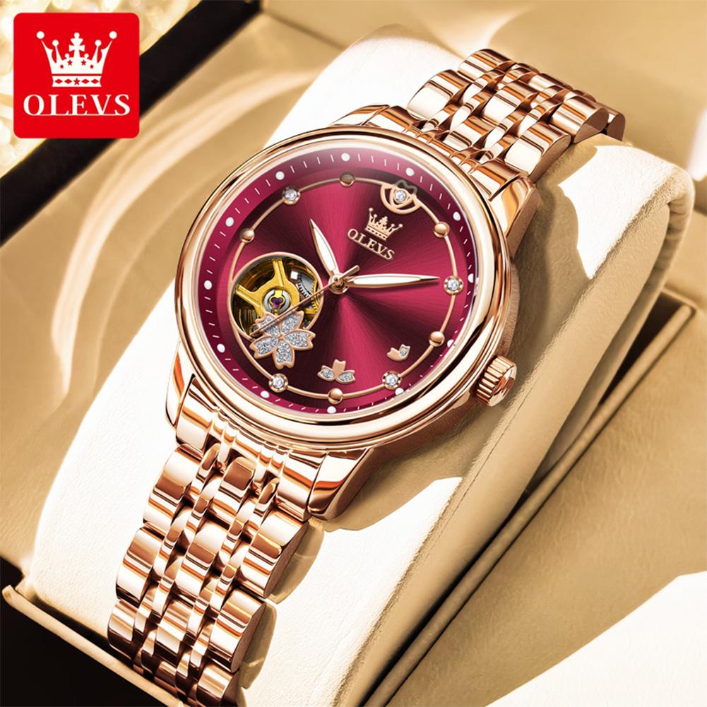 OLEVS Automatic Watches for Woman Luxury Brand Original Mechanical Watch Hollow Diamond Exquisite Dial Dress Bracelet Watch 6732