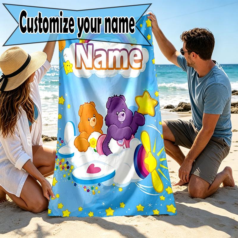 Custom Name Personalized Care Bears Print Beach Towel, for Trip Camping Beach Party Home Decor, Birthday Gift for Family & Friends