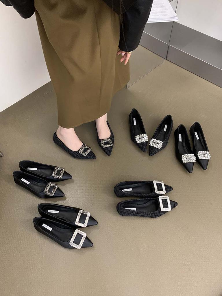 Fashion Casual Women Slides Flat Loafers 2024 New Arrivals Black Rhinestone Buckle 2024 New Arrivals Shallow Slip On Dress Shoes Woman