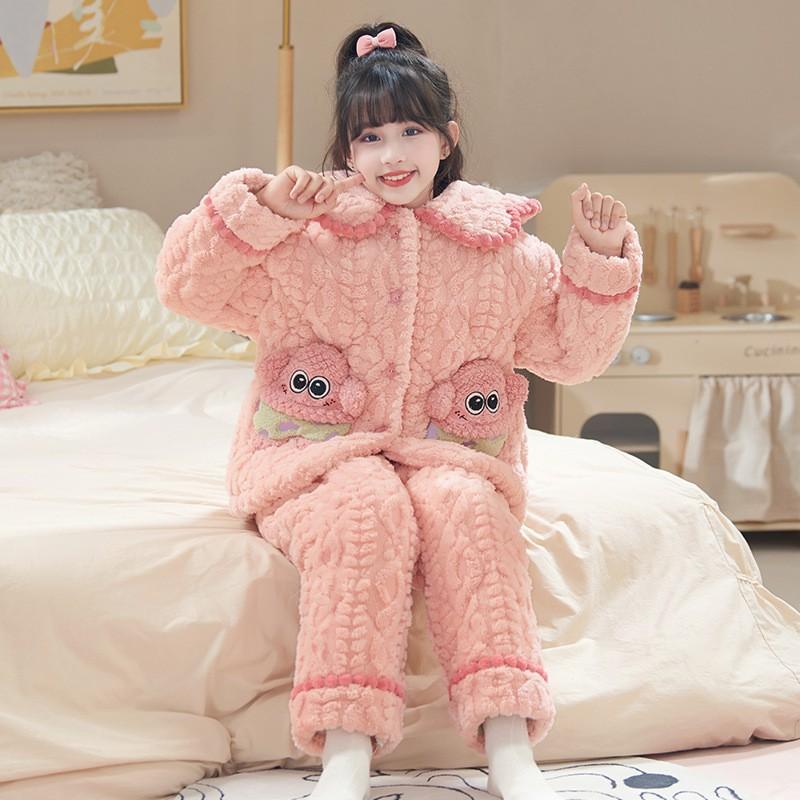 Girls Winter Warm Coral Fleece Pajamas Set Thick Quilted Flannel Sleepwear Kids 8-16 Years