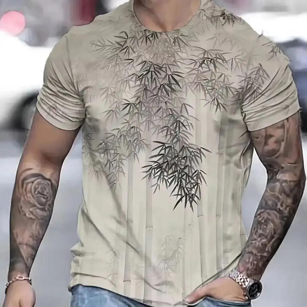 Men's bamboo T-shirt men's loose short-sleeved T-shirt spring and autumn fashion 3D print shirt fashion fitness top outdoor loos