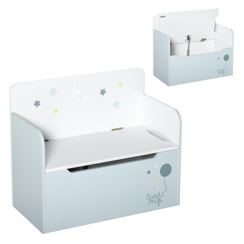 Storage Bench with Backrest in Wood for Children from 3-6 Years, 60x30x50 cm, Light Blue