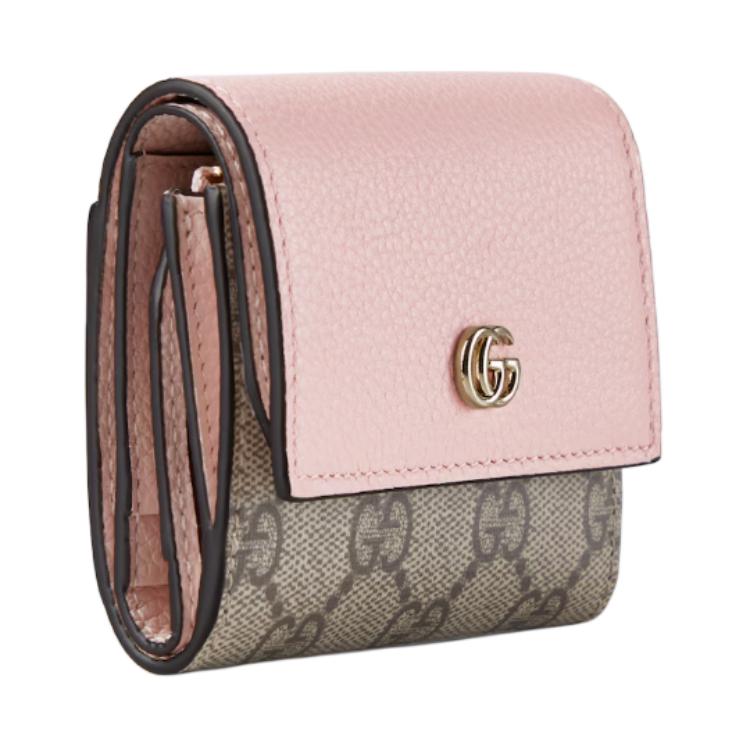 Gucci GG Marmont Leather & Canvas Bi-Fold Wallet, Pink with GG Supreme Base, Gold GG Hardware, Women's Mini Wallet for Daily Use 837957-AAFXM-5743