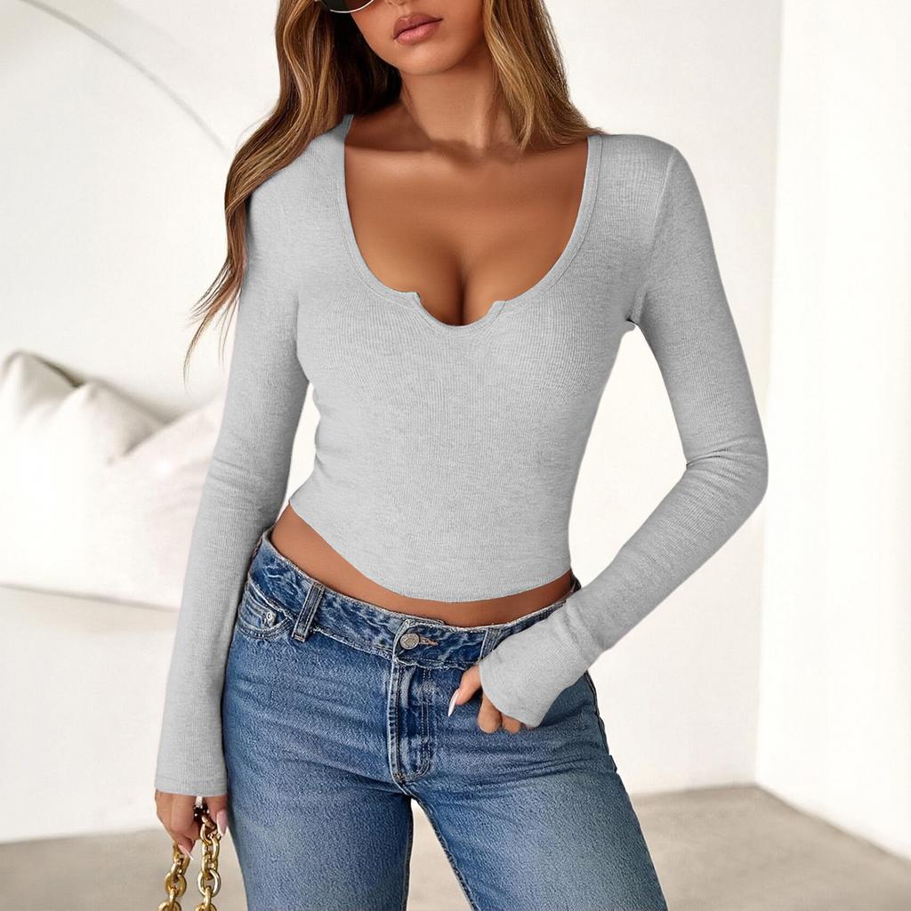 Женский дизайн с V-образным вырезом, приталенный крой, однотонный, модный и удобный топ, длинные рукава