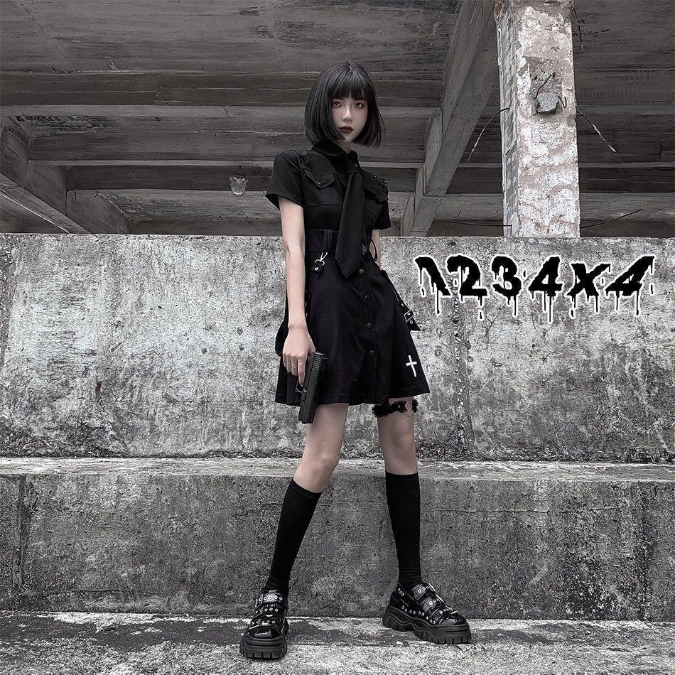 Women Black Y2k Dress French Cross Embroidery Punk Dark Dress JK Uniform College Style Gothic Street Skirt