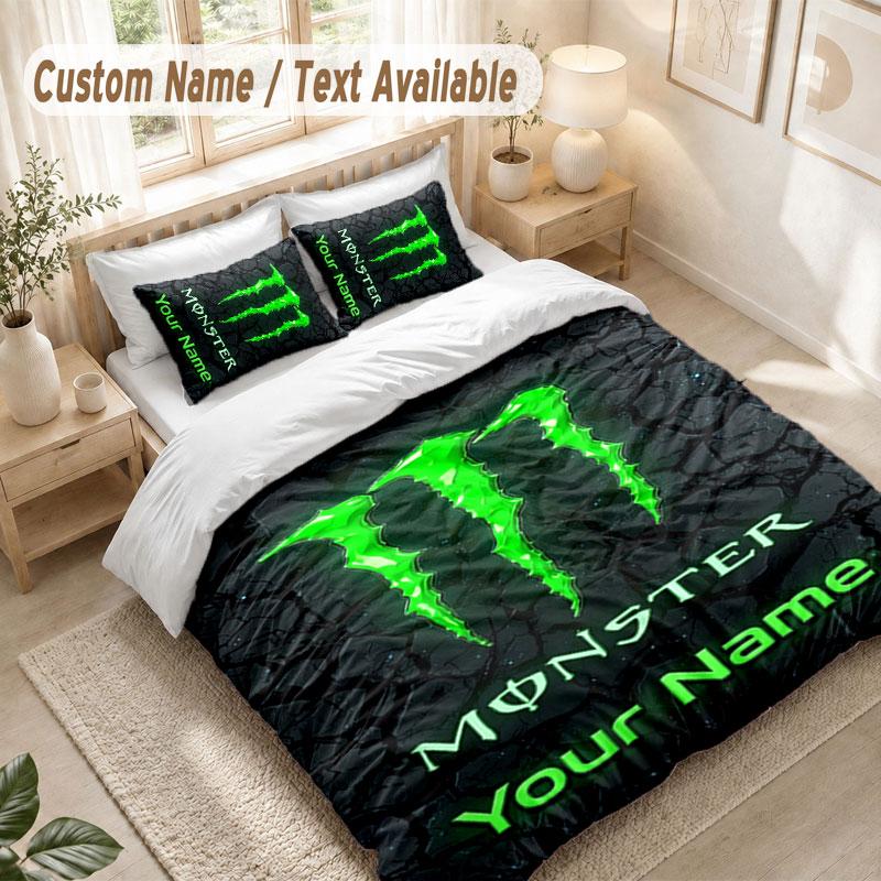 Custom Name Bedding Set 3 PiecesMonster Energy Print Duvet Cover + 2 Pillowcases Soft Bed Decor