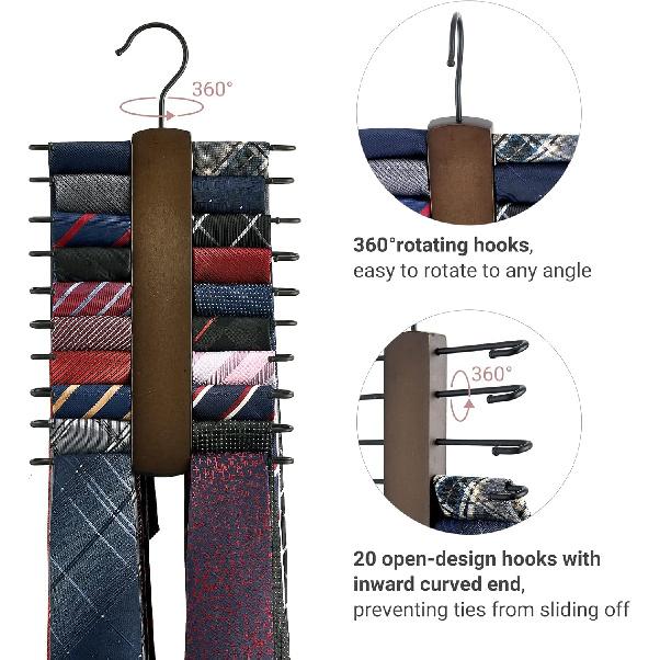 Mkono Wooden Tie Rack Retro Tie Belt Storage Hanger Organizer for Men Closet Space Saving Rack with 20 Non-Slip Hooks for Ties Belt Scarf Organize