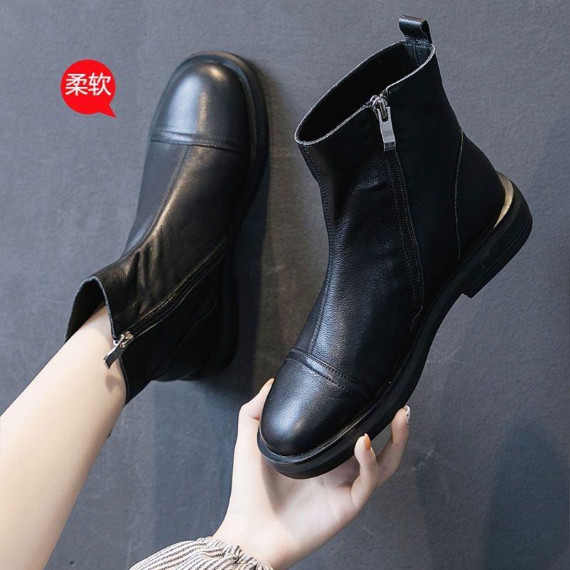 Low-top Leather Martin Boots Women's Autumn and Winter New Single Boots Casual Versatile Flat-bottomed Velvet Short Boots