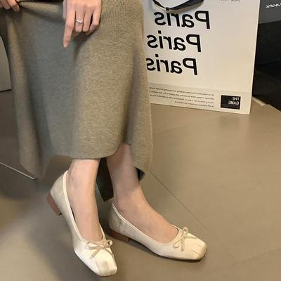 Нежные атласные балетки с квадратным носком, весна 2025, нишевый бант, толстый каблук, туфли-лодочки с открытым вырезом