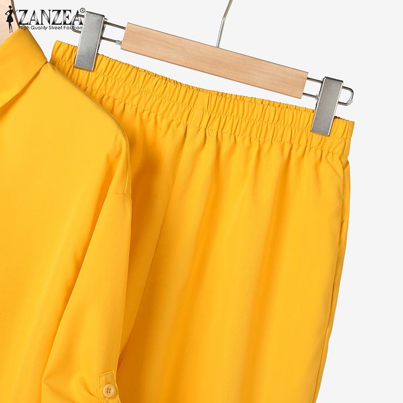 ZANZEA Комплекты из двух предметов, женские рубашки с длинными рукавами, топы и длинные брюки, широкие брюки, повседневные свободные костюмы размера плюс