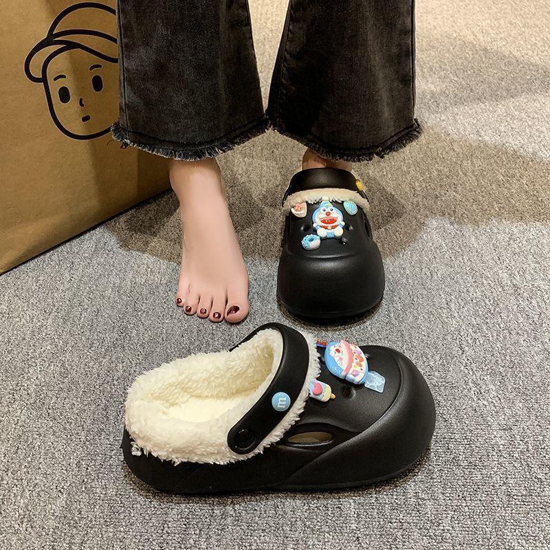Модная верхняя одежда женские нескользящие пушистые тапочки на толстой подошве 2025 зима новая милая мультяшная теплая бархатная хлопковая обувь