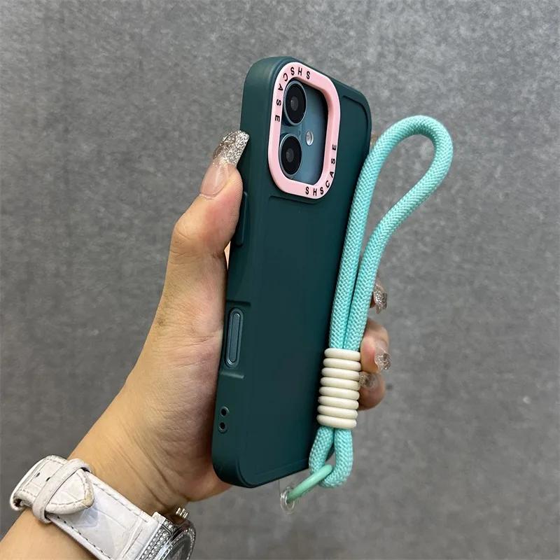 Силиконовый чехол для телефона с амортизацией для iPhone 11-17 Pro Max Plus с матовым покрытием и ремешком на запястье