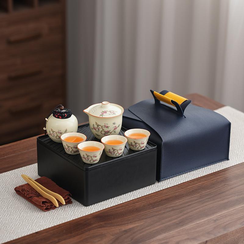 Premium retro Ru kiln, one pot, four cups of Qingyun peony hand-held pot, anti-scalding tea maker, camping gift travel tea set