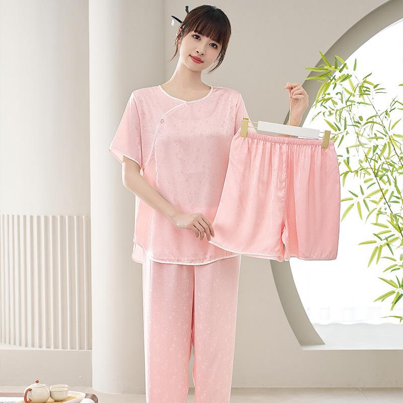 Three-piece ice silk pajamas women's summer short-sleeved satin Chinese style national style can be worn outside loungewear new jacquard cover
