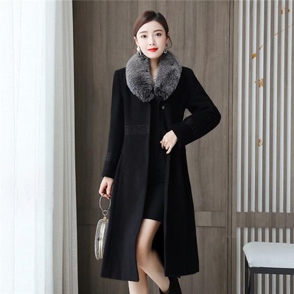 Big Fur Collor Women Woolen Coat Black Long Trench Coat Jacket Slim Wool Blend Coat Elegant Casual Jacket Vintage Gothic Jacket