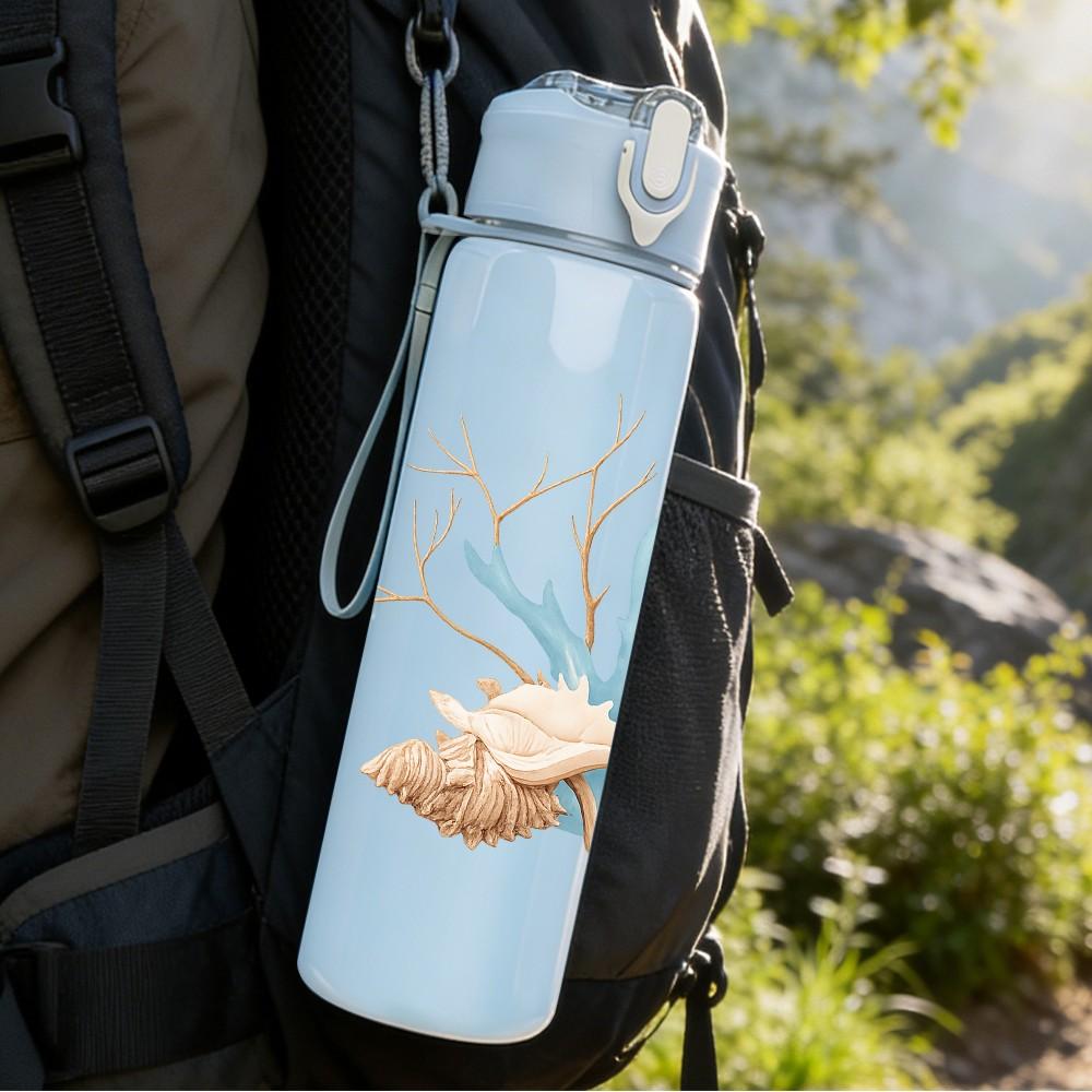 1PC Coral Starfish Ocean Art Print 750ml Color Plastic Sports Water Bottle Leakproof Flip Straw Lid Suitable for Sports Office Home Use