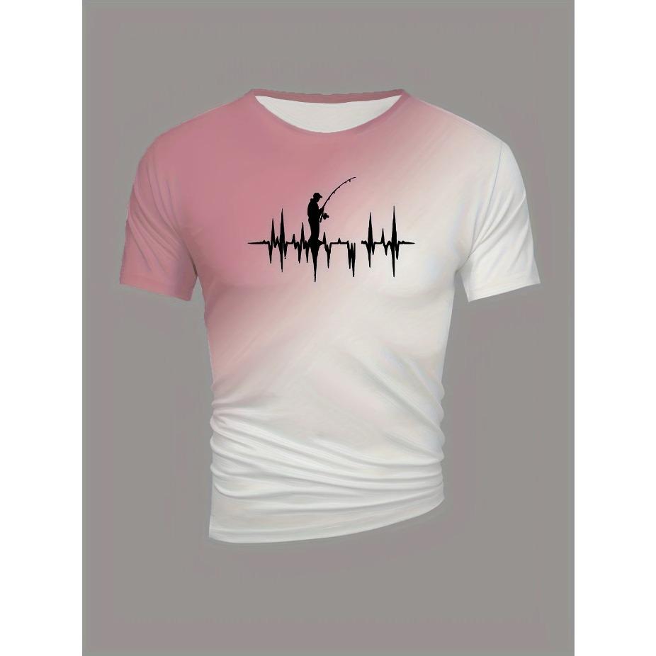 Яркий стиль| Футболка с градиентным рыболовным принтом для мужчин больших и высоких размеров - Повседневная полиэстеровая футболка с коротким рукавом, Летний принт с рыболовной экипировкой и сердцебиением, БОЛЬШОЙ РАЗМЕР