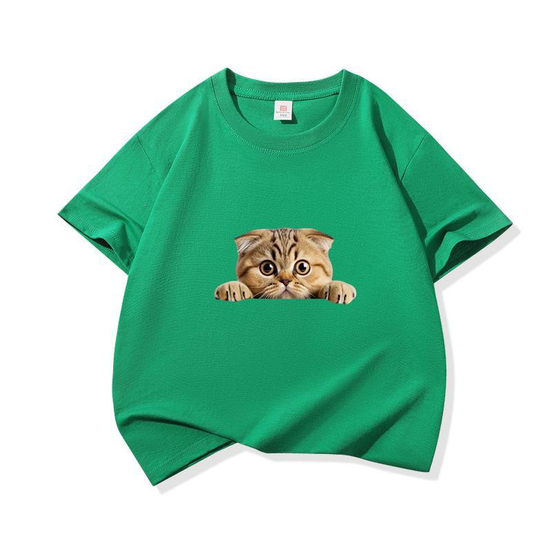 Kids Cotton T Shirt Peeking Tabby Fold Cat Pattern Print Crew Neck Short Sleeve Tee Casual Breathable Boys Girls Summer Tops