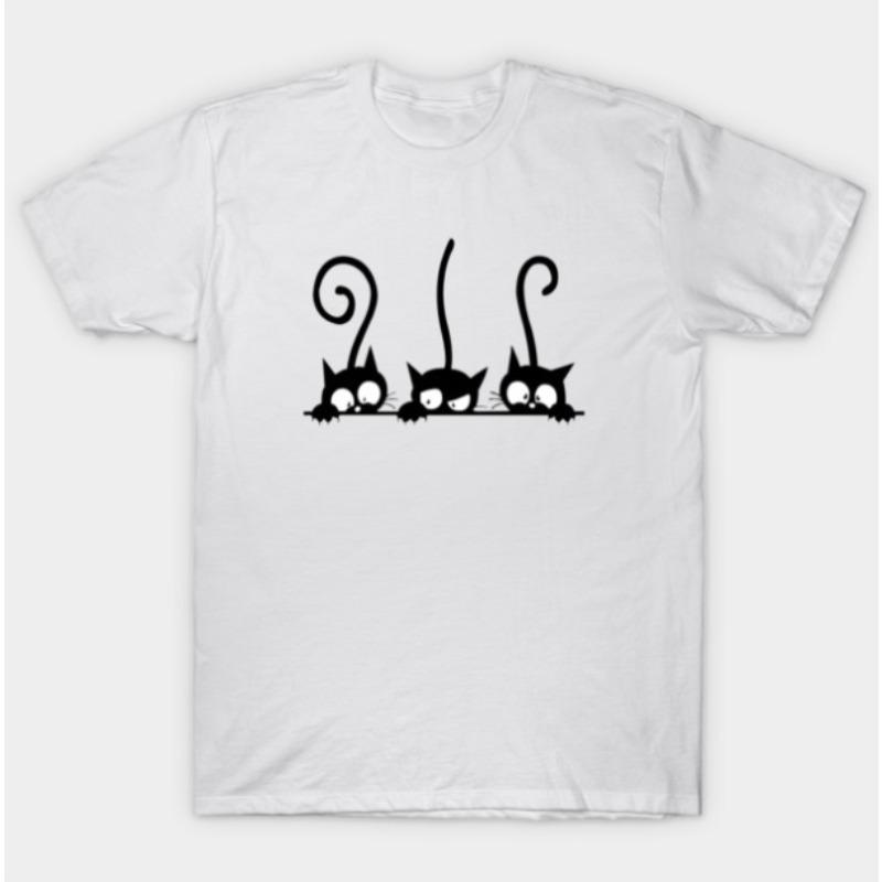 Three Cute Cartoon Black Cats With White Eyes Graphic Print T Shirt Simple Minimalist Design Casual Cat Lover Clothing For Unisex