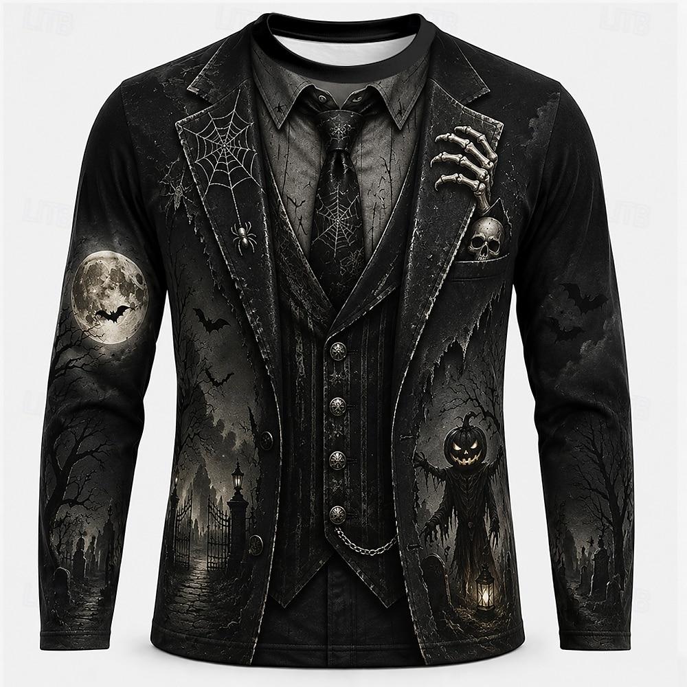 Fashionable Men's Autumn Halloween Skull Long Sleeve T-shirt 3D Print Crew Neck Breathable Top Daily Simple Comfortable Soft Loose Versatile T-Shirts