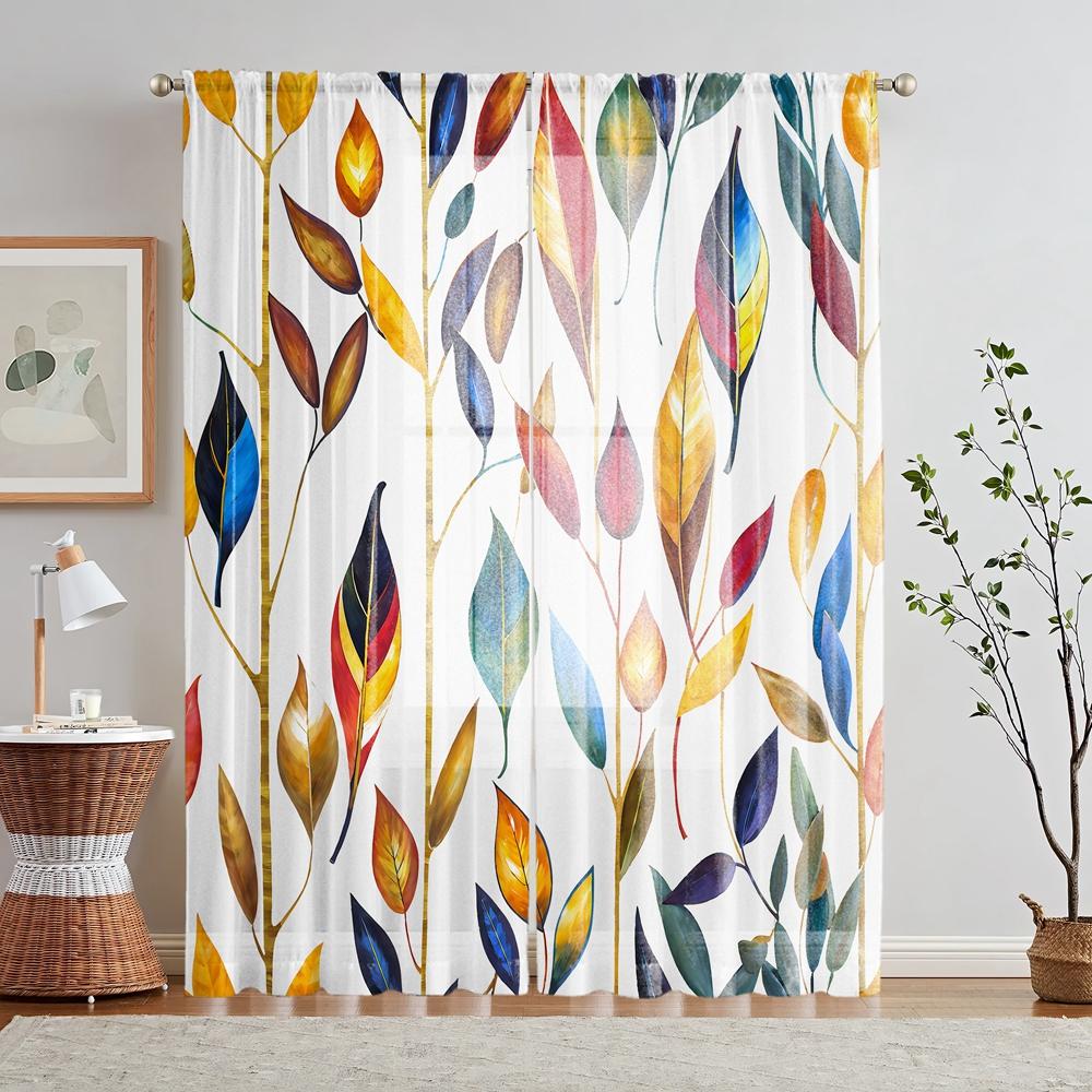 2 Pieces HD Digital Watercolor Botanical Leaf Printed Window Valance Home Decor Style Decoration Living Room Bedroom Rodding Cur