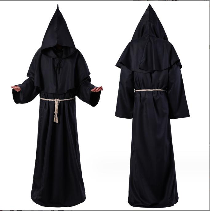 Medieval Monk Robe Renaissance Priest Halloween Cosplay Costumes Wizard Carnival Party Hooded Cloak With Cross Necklace